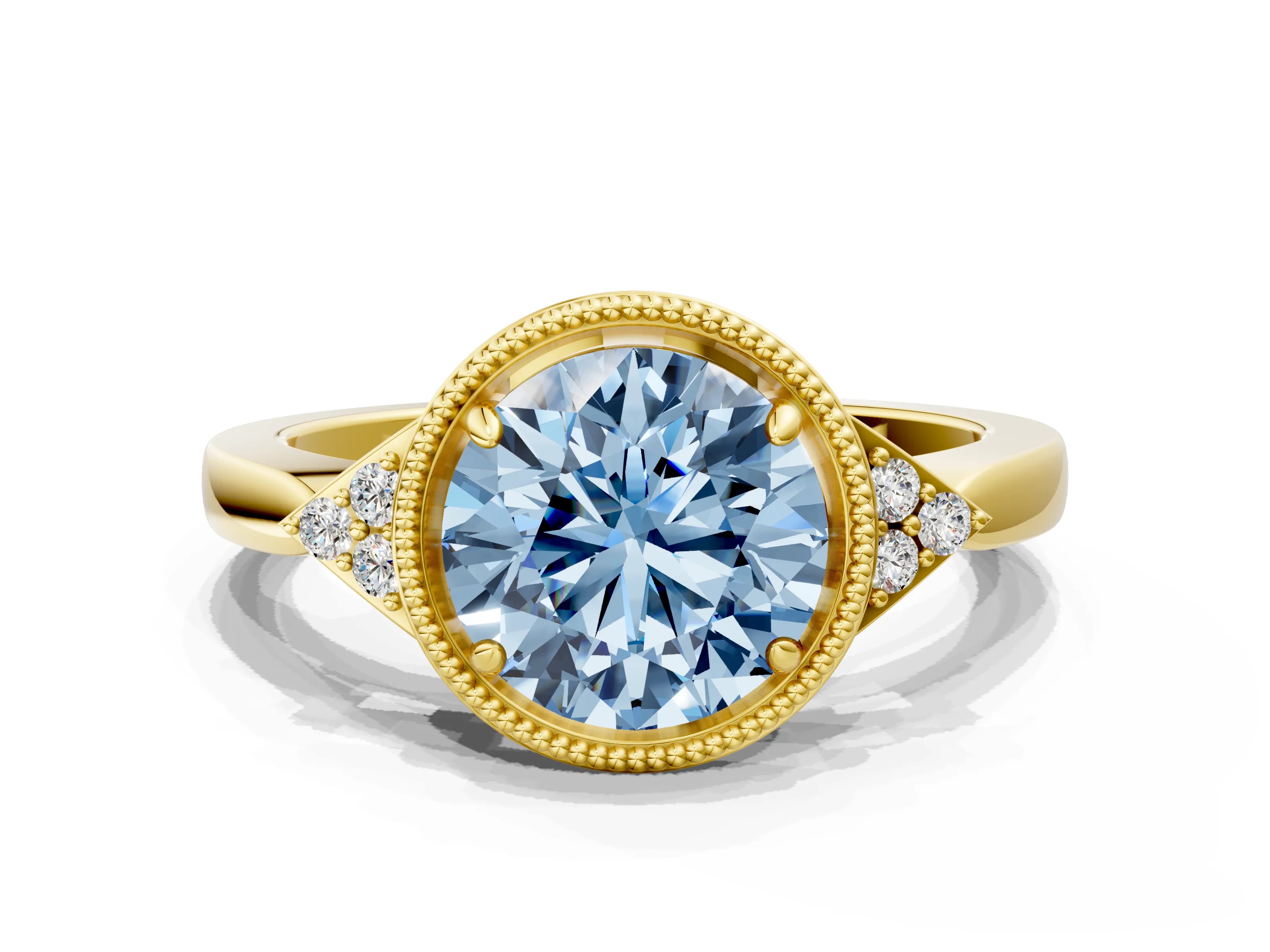 Yellow gold Hexagonal Halo Fancy Blue Round Cut Diamond Solitaire with Pavé Band and Four-Prong Setting_3