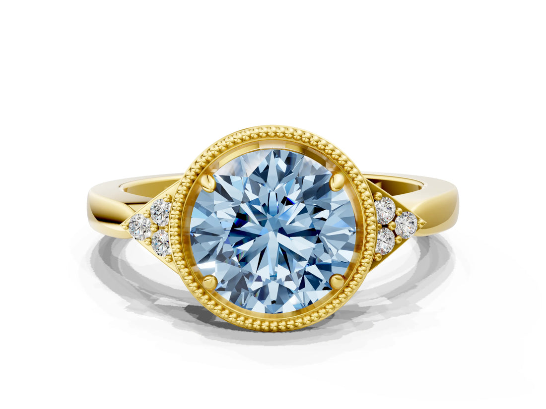 Yellow gold Hexagonal Halo Fancy Blue Round Cut Diamond Solitaire with Pavé Band and Four-Prong Setting_3