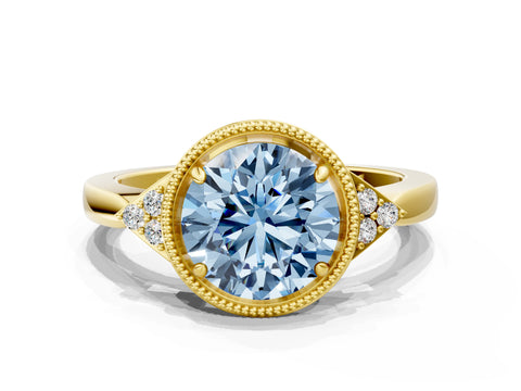 Yellow gold Hexagonal Halo Fancy Blue Round Cut Diamond Solitaire with Pavé Band and Four-Prong Setting_3