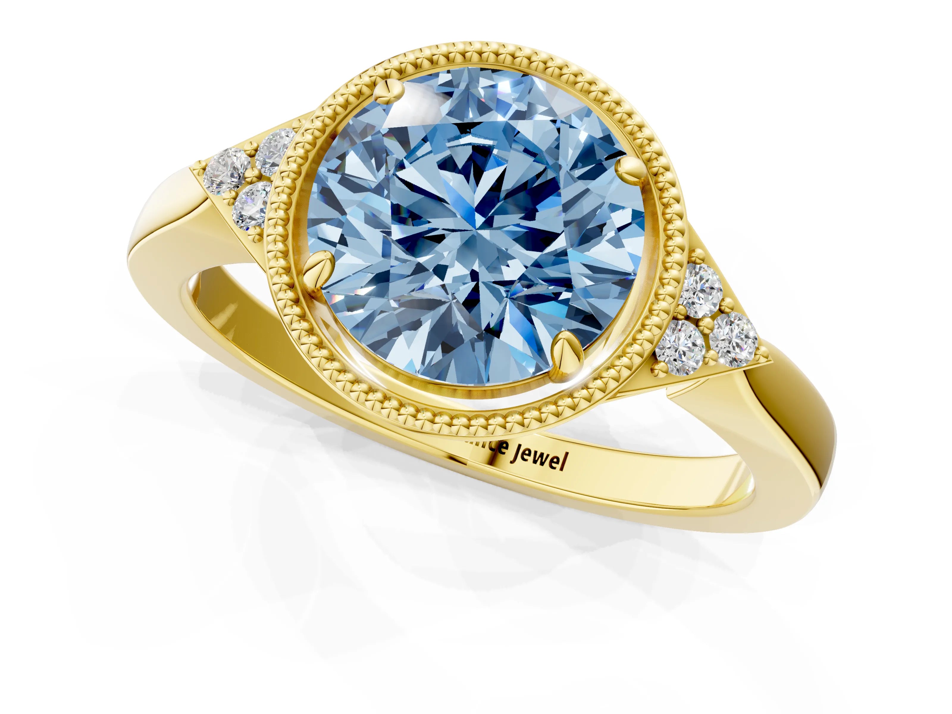 Yellow gold Hexagonal Halo Fancy Blue Round Cut Diamond Solitaire with Pavé Band and Four-Prong Setting_4