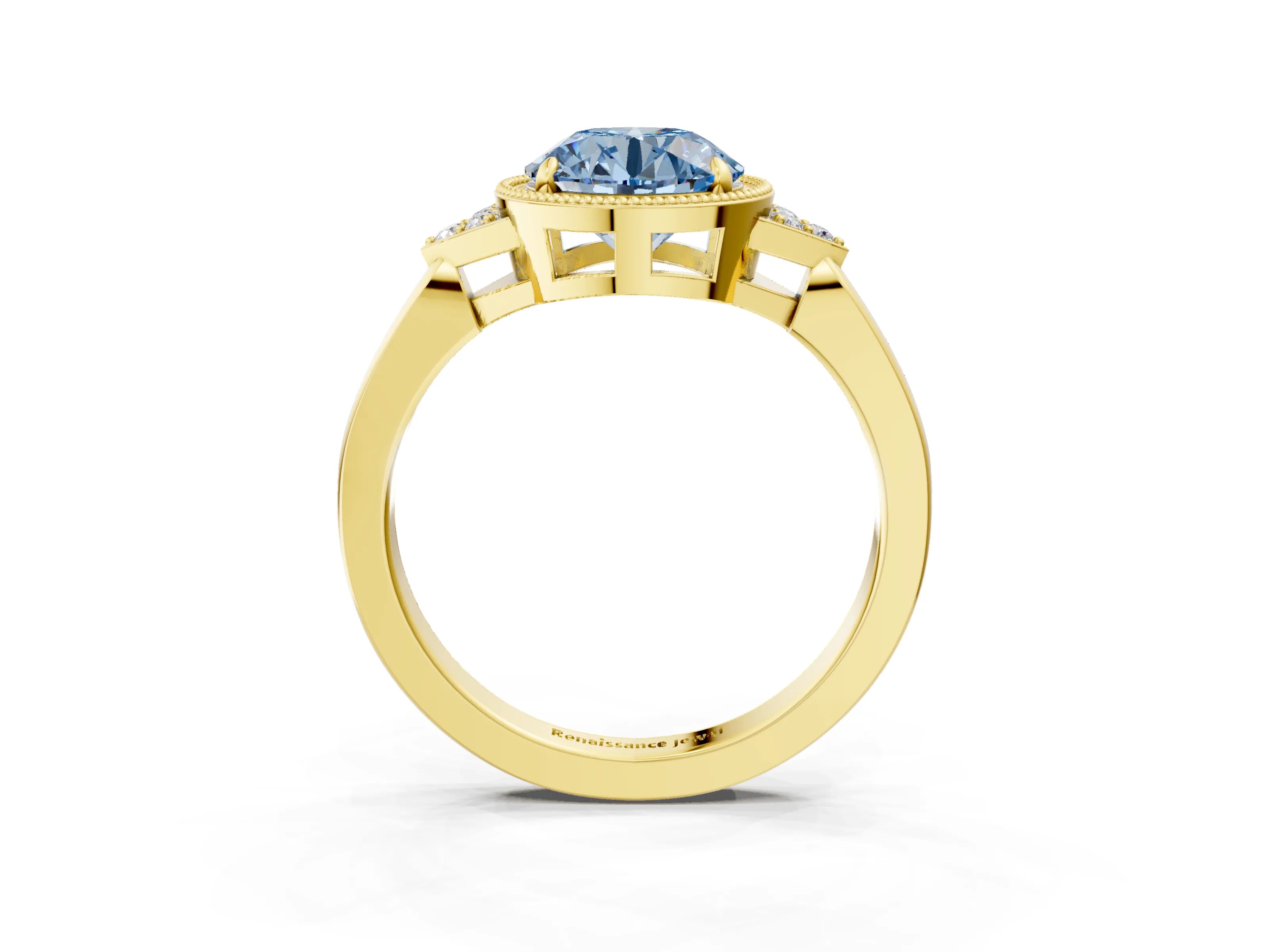 Yellow gold Hexagonal Halo Fancy Blue Round Cut Diamond Solitaire with Pavé Band and Four-Prong Setting_6