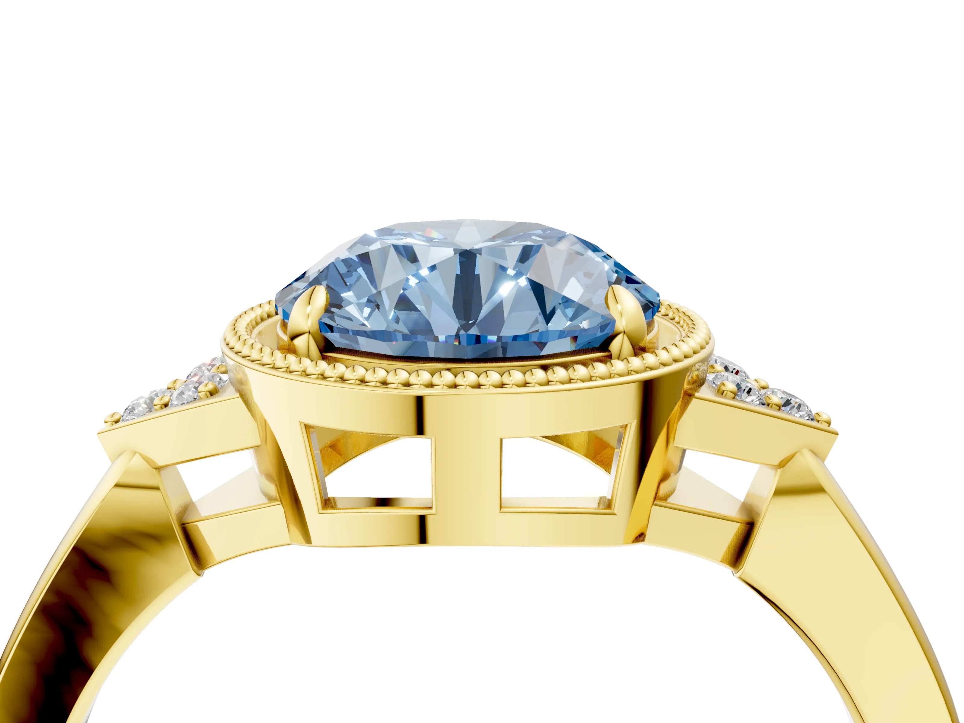 Yellow gold Hexagonal Halo Fancy Blue Round Cut Diamond Solitaire with Pavé Band and Four-Prong Setting_7