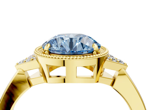 Yellow gold Hexagonal Halo Fancy Blue Round Cut Diamond Solitaire with Pavé Band and Four-Prong Setting_7
