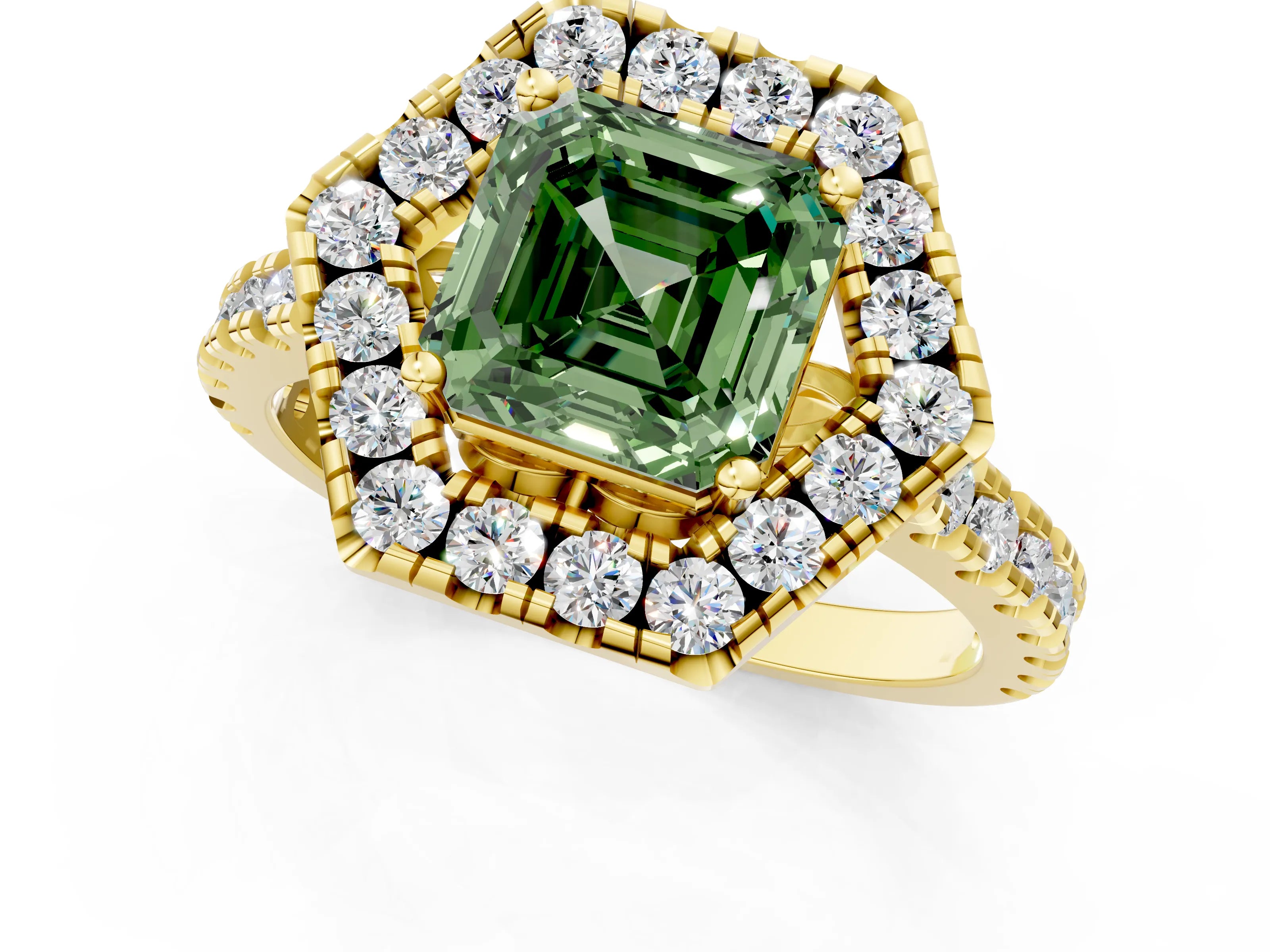 Yellow gold Hexagonal Halo Fancy Green Asscher Cut Diamond Pavé Band with Four-Prong Setting_1