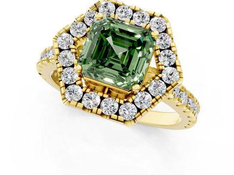 Yellow gold Hexagonal Halo Fancy Green Asscher Cut Diamond Pavé Band with Four-Prong Setting_1