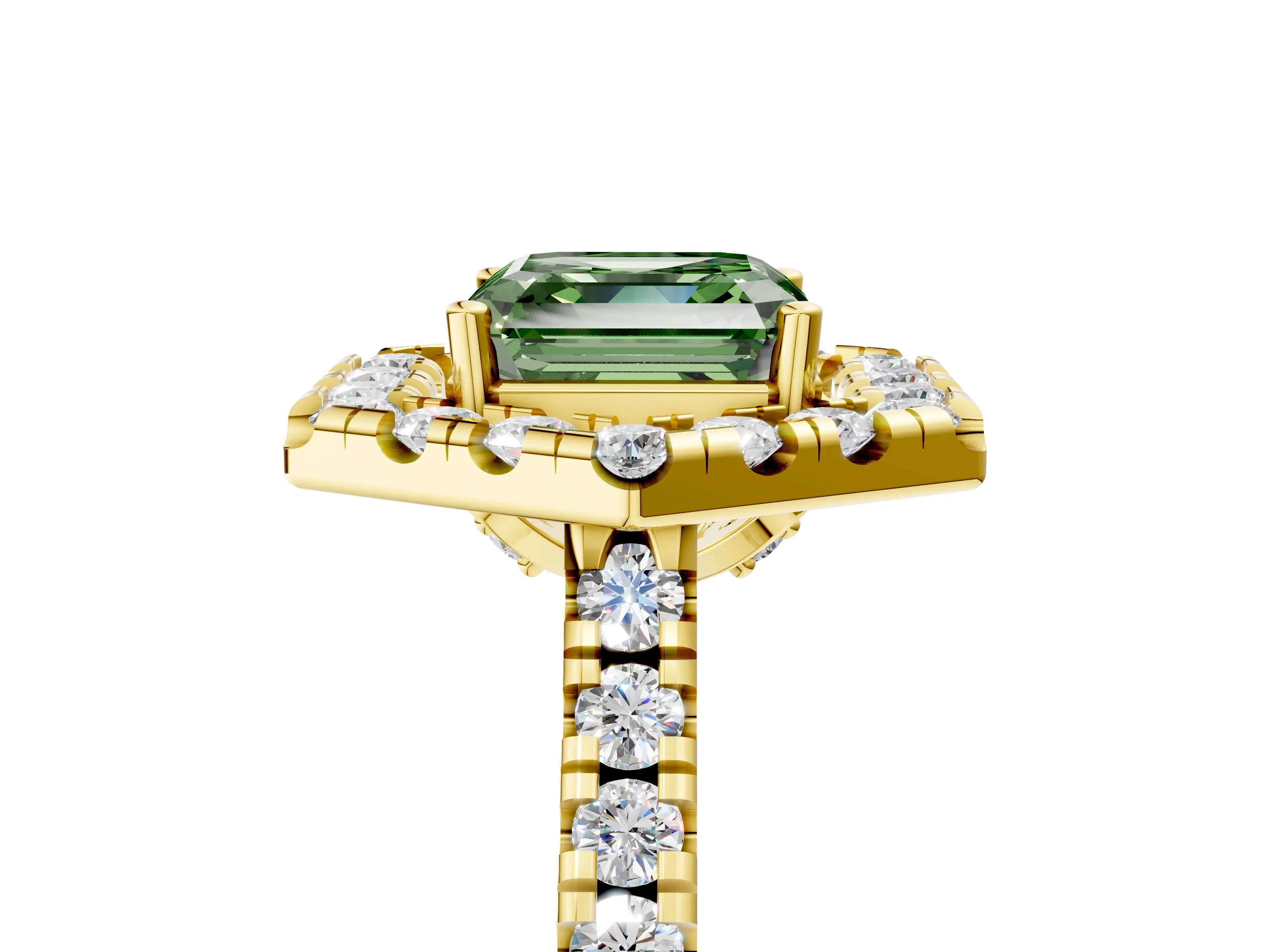Yellow gold Hexagonal Halo Fancy Green Asscher Cut Diamond Pavé Band with Four-Prong Setting_5