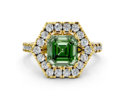 Yellow gold Hexagonal Halo Fancy Green Asscher Cut Diamond Pavé Band with Four-Prong Setting