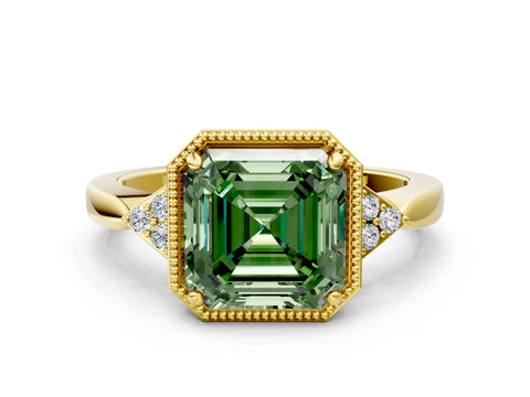 Yellow gold Hexagonal Halo Fancy Green Asscher Cut Diamond Solitaire with Pavé Band and Four-Prong Setting_3