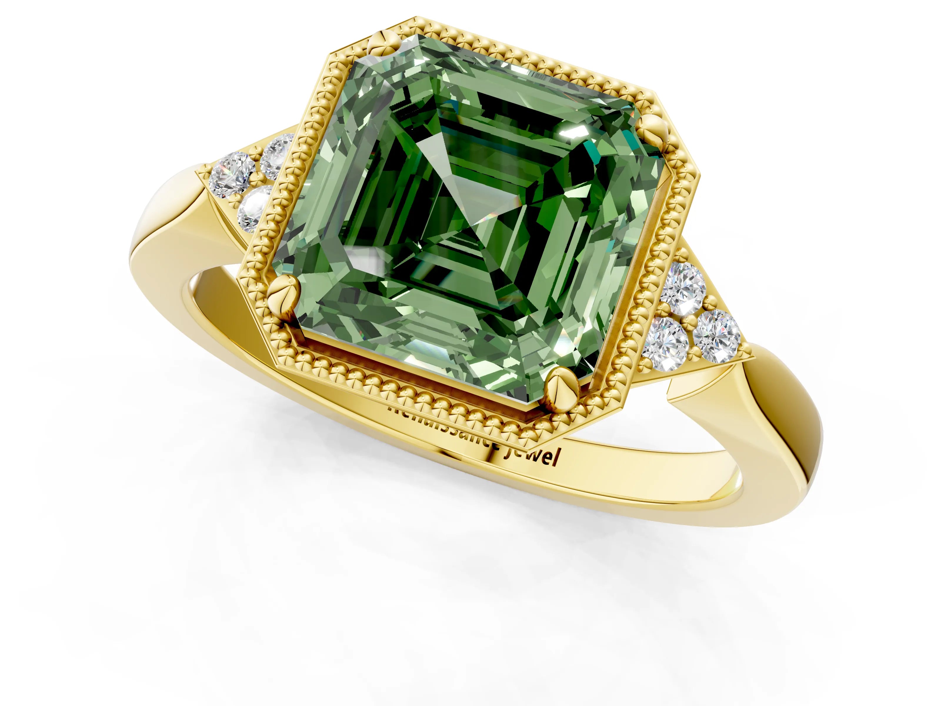 Yellow gold Hexagonal Halo Fancy Green Asscher Cut Diamond Solitaire with Pavé Band and Four-Prong Setting_4