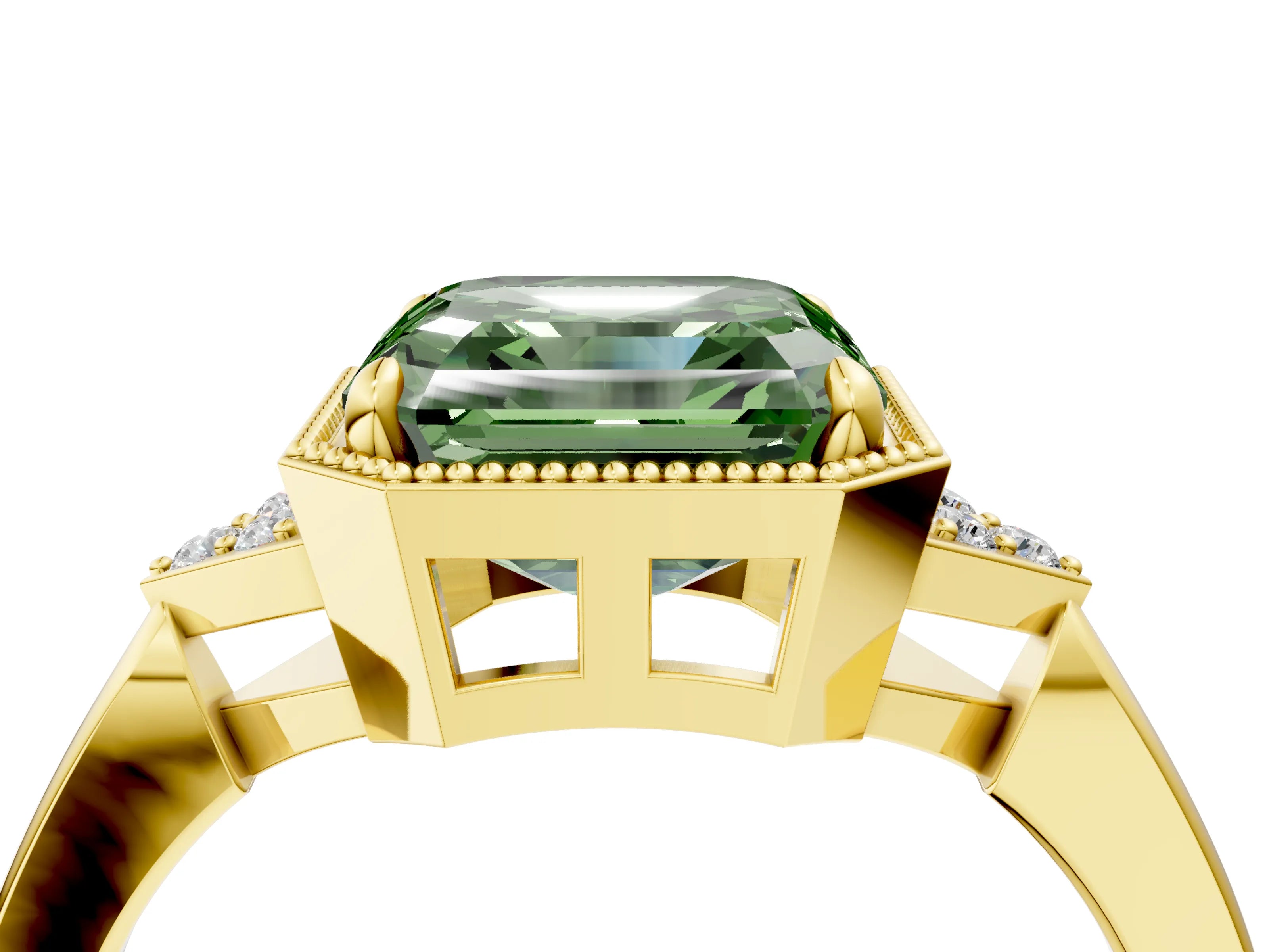 Yellow gold Hexagonal Halo Fancy Green Asscher Cut Diamond Solitaire with Pavé Band and Four-Prong Setting_7
