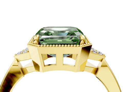 Yellow gold Hexagonal Halo Fancy Green Asscher Cut Diamond Solitaire with Pavé Band and Four-Prong Setting_7