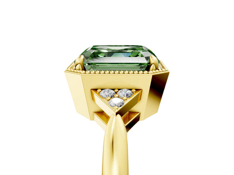 Yellow gold Hexagonal Halo Fancy Green Asscher Cut Diamond Solitaire with Pavé Band and Four-Prong Setting_8