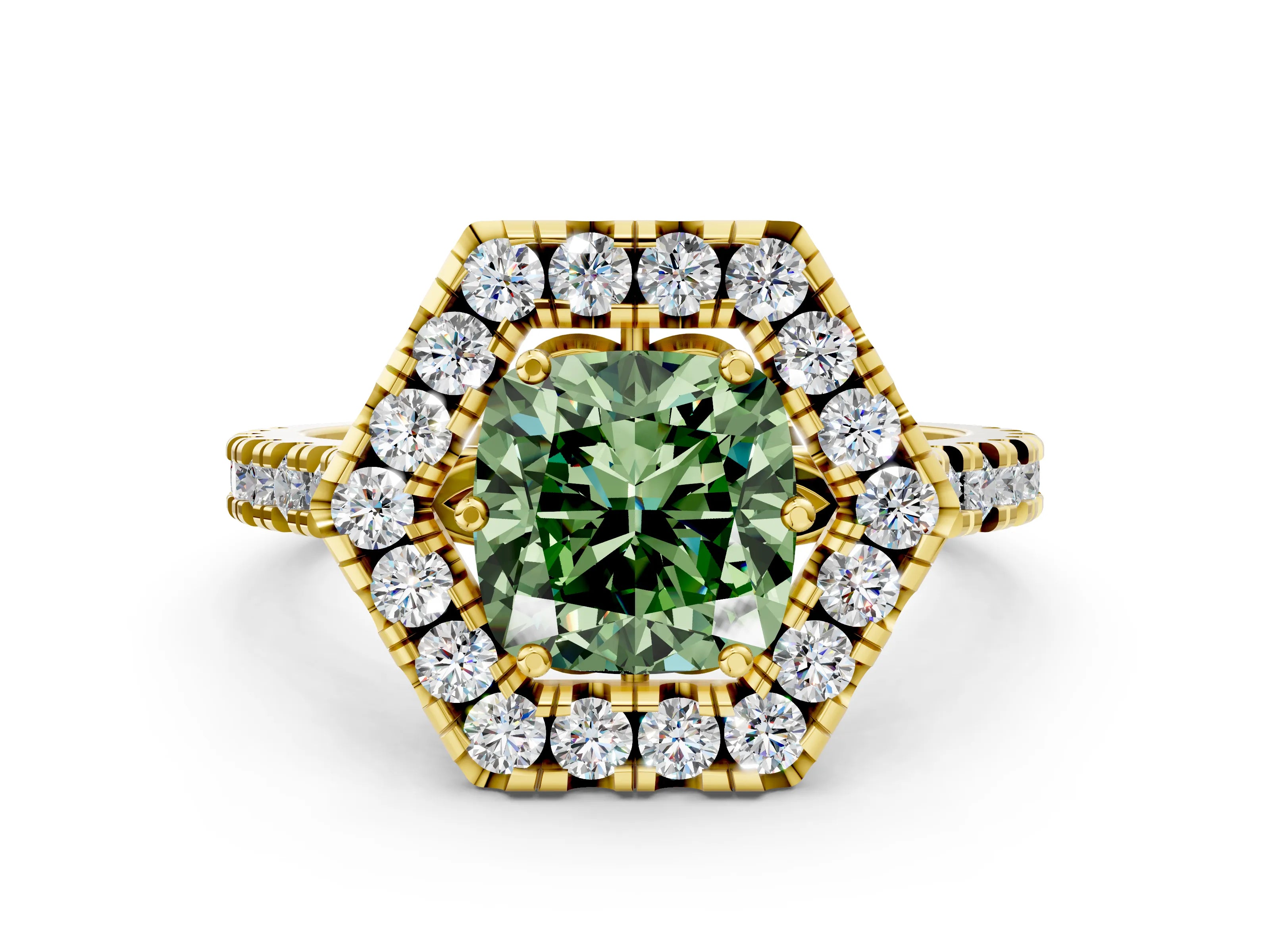 Yellow gold Hexagonal Halo Fancy Green Cushion Cut Diamond Pavé Band with Four-Prong Setting