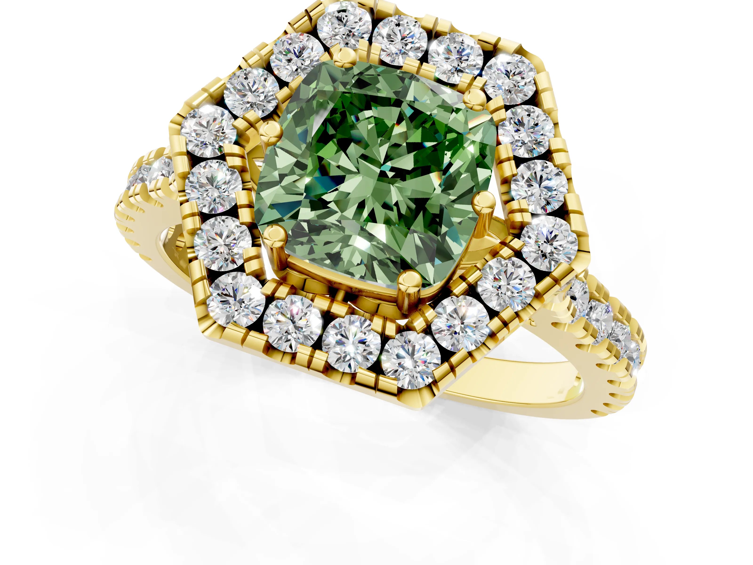 Yellow gold Hexagonal Halo Fancy Green Cushion Cut Diamond Pavé Band with Four-Prong Setting_1