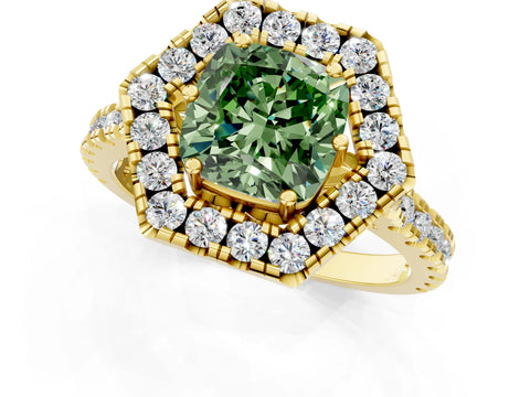 Yellow gold Hexagonal Halo Fancy Green Cushion Cut Diamond Pavé Band with Four-Prong Setting_1