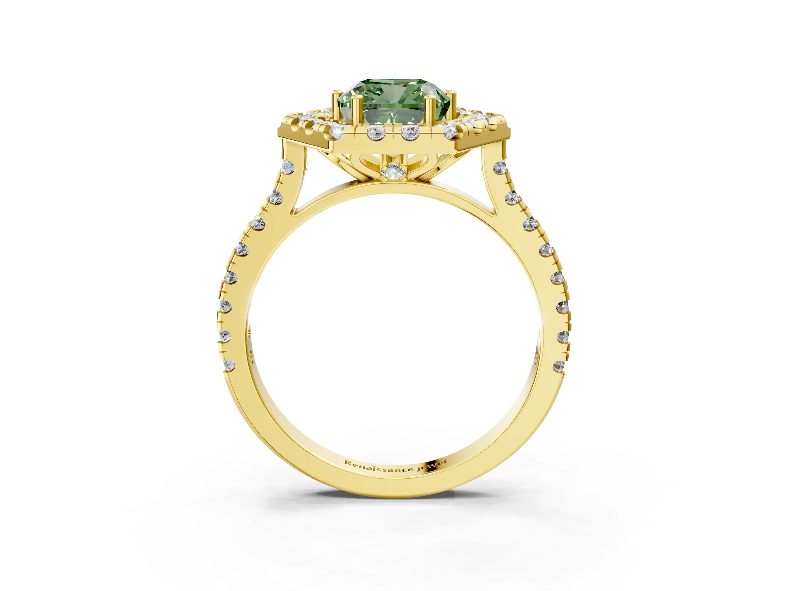 Yellow gold Hexagonal Halo Fancy Green Cushion Cut Diamond Pavé Band with Four-Prong Setting_3