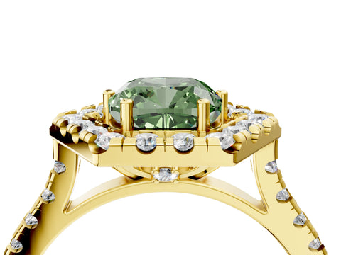 Yellow gold Hexagonal Halo Fancy Green Cushion Cut Diamond Pavé Band with Four-Prong Setting_4