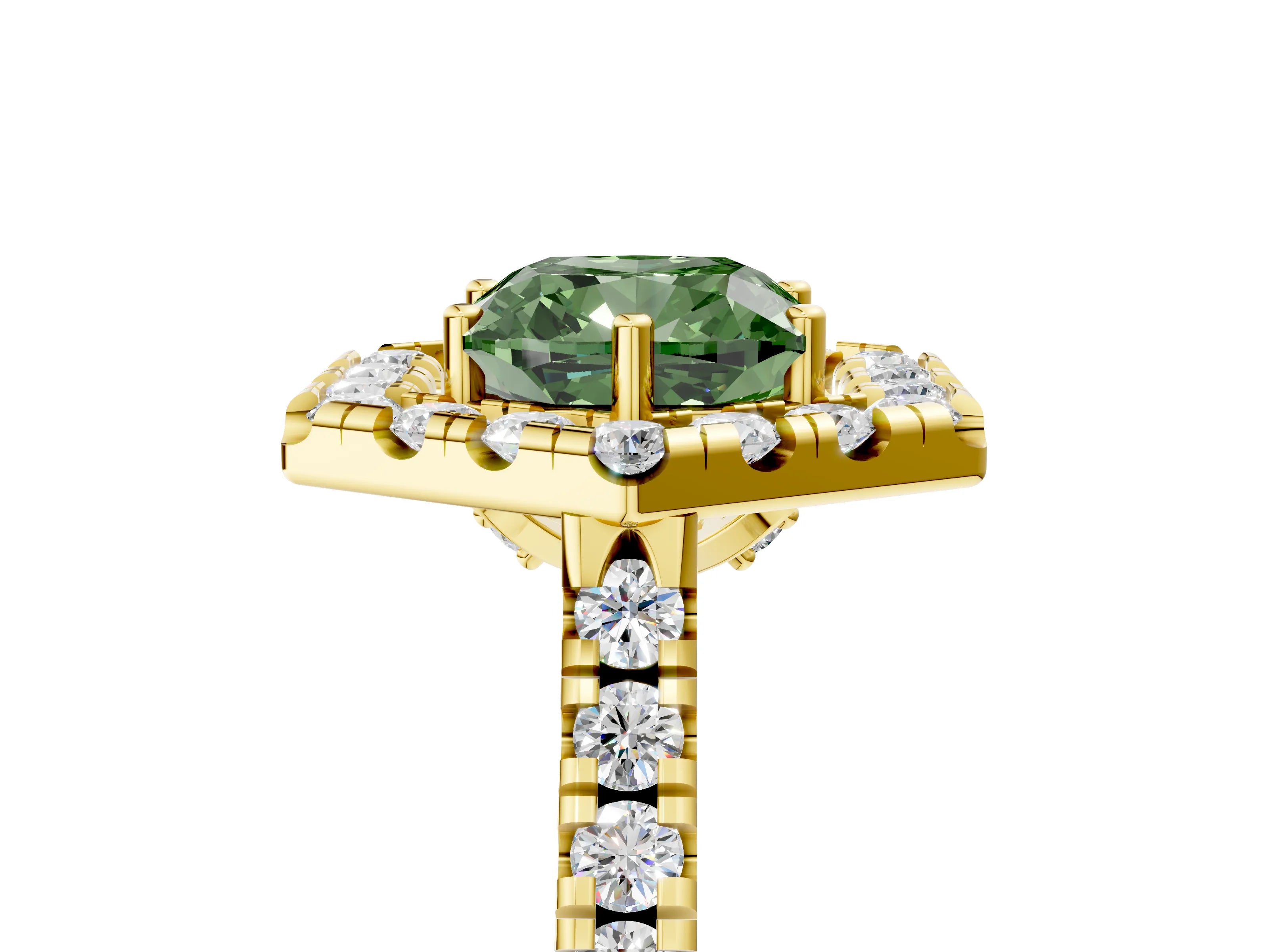 Yellow gold Hexagonal Halo Fancy Green Cushion Cut Diamond Pavé Band with Four-Prong Setting_5