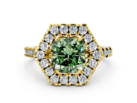 Yellow gold Hexagonal Halo Fancy Green Cushion Cut Diamond Pavé Band with Four-Prong Setting