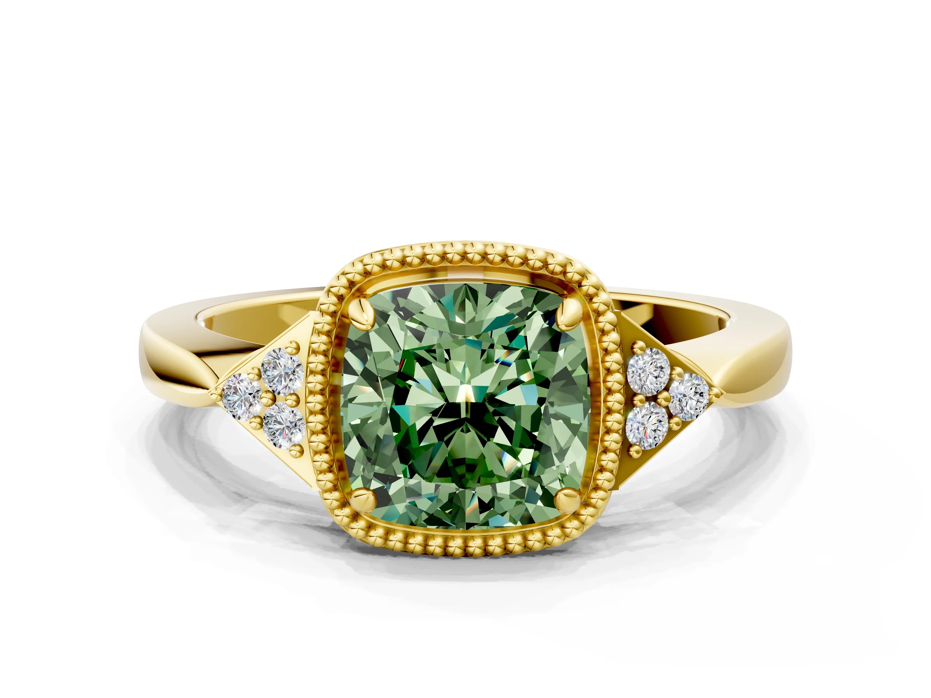 Yellow gold Hexagonal Halo Fancy Green Cushion Cut Diamond Solitaire with Pavé Band and Four-Prong Setting_3