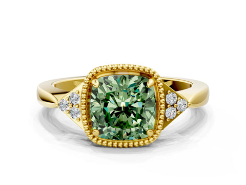 Yellow gold Hexagonal Halo Fancy Green Cushion Cut Diamond Solitaire with Pavé Band and Four-Prong Setting_3