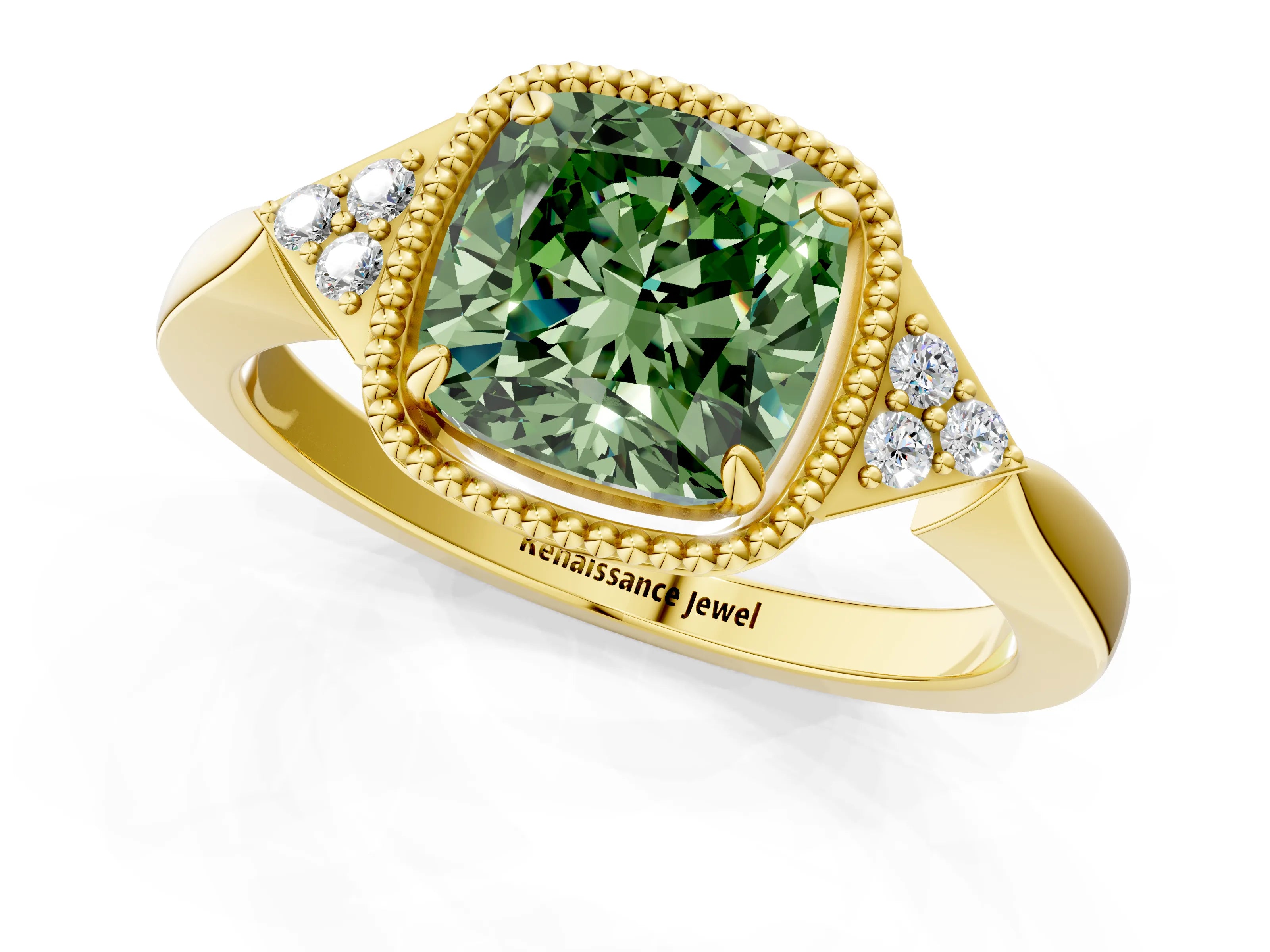 Yellow gold Hexagonal Halo Fancy Green Cushion Cut Diamond Solitaire with Pavé Band and Four-Prong Setting_4