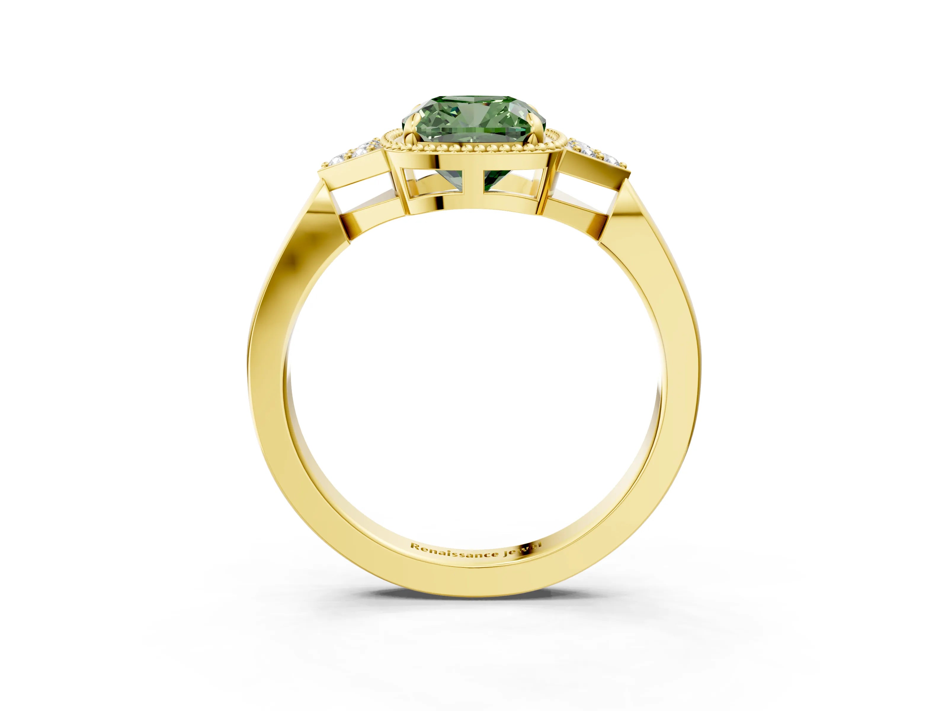 Yellow gold Hexagonal Halo Fancy Green Cushion Cut Diamond Solitaire with Pavé Band and Four-Prong Setting_6