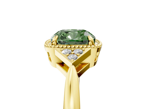 Yellow gold Hexagonal Halo Fancy Green Cushion Cut Diamond Solitaire with Pavé Band and Four-Prong Setting_8
