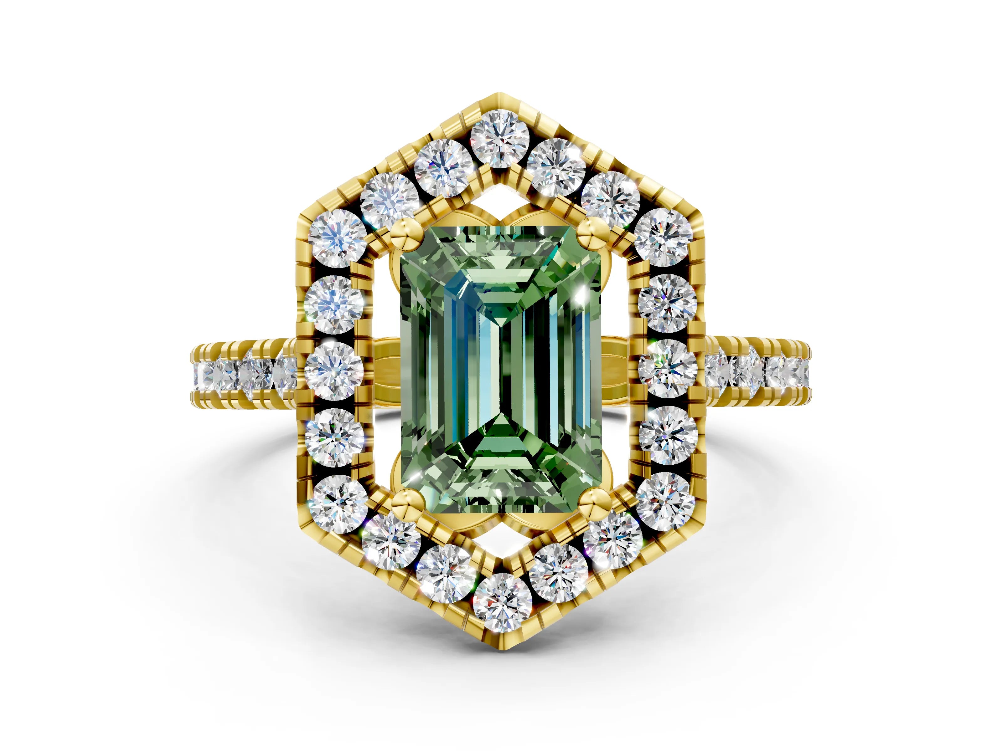 Yellow gold Hexagonal Halo Fancy Green Emerald Cut Diamond Pavé Band with Four-Prong Setting