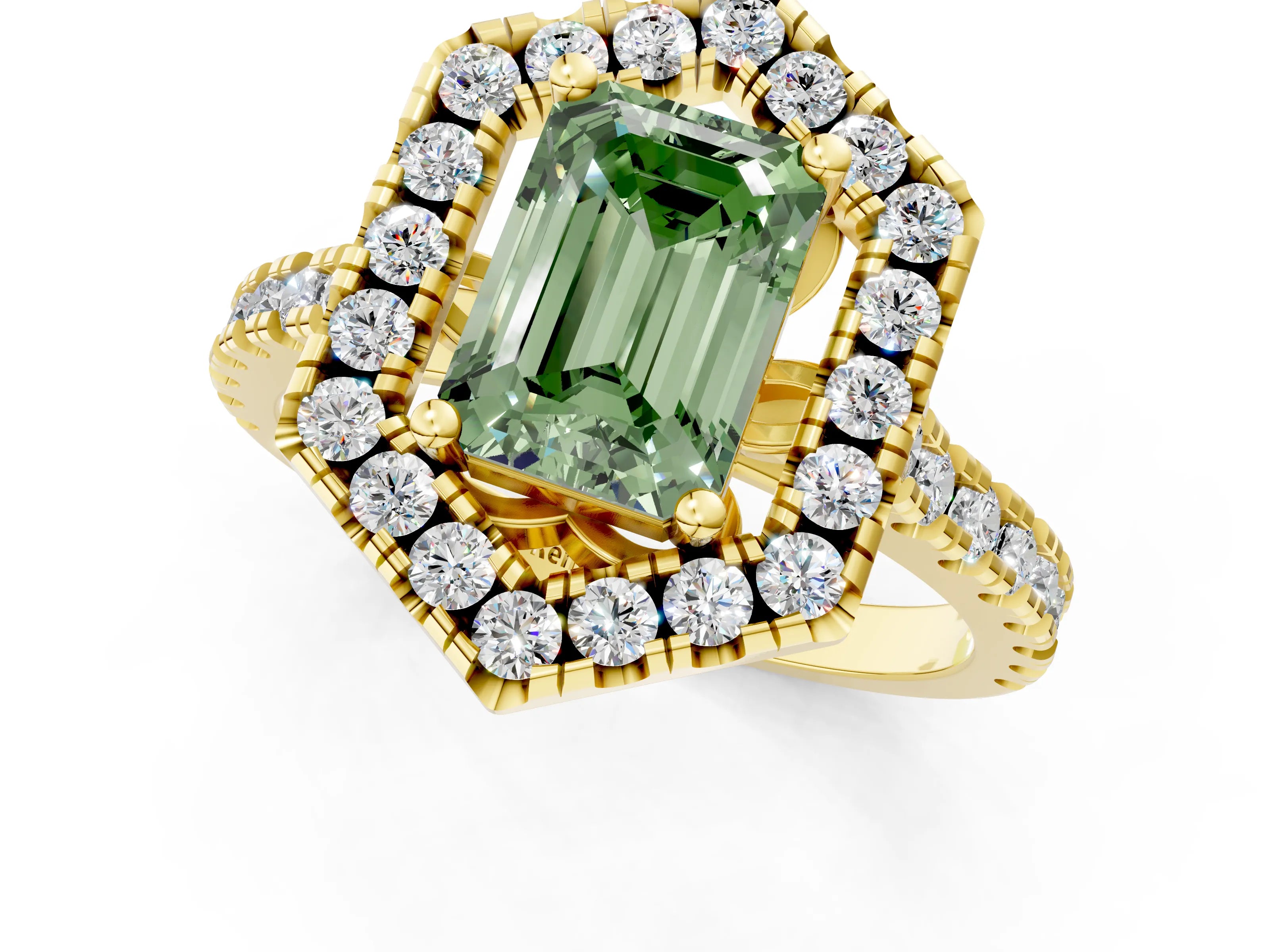 Yellow gold Hexagonal Halo Fancy Green Emerald Cut Diamond Pavé Band with Four-Prong Setting_1