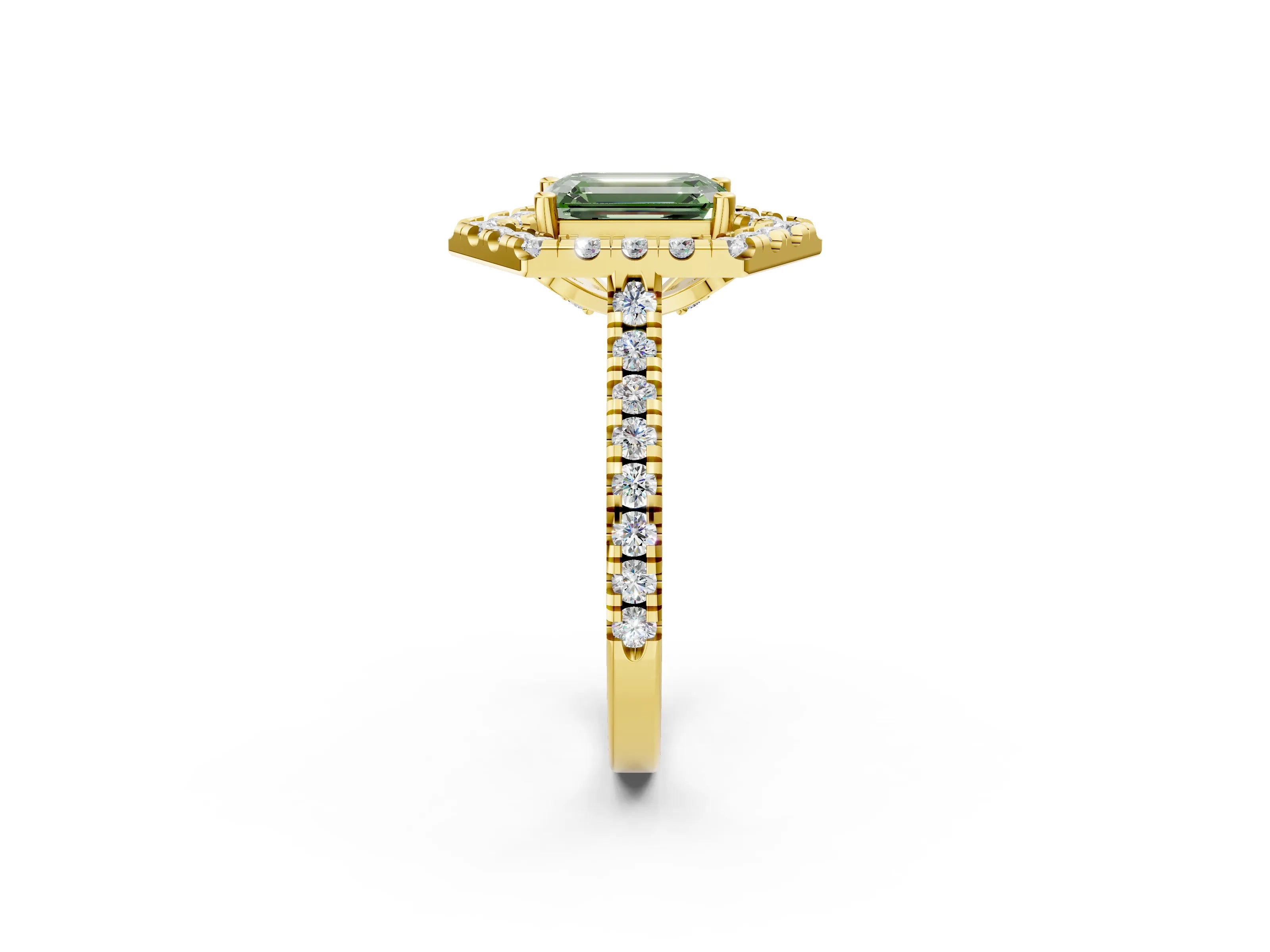 Yellow gold Hexagonal Halo Fancy Green Emerald Cut Diamond Pavé Band with Four-Prong Setting_2