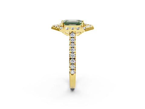 Yellow gold Hexagonal Halo Fancy Green Emerald Cut Diamond Pavé Band with Four-Prong Setting_2