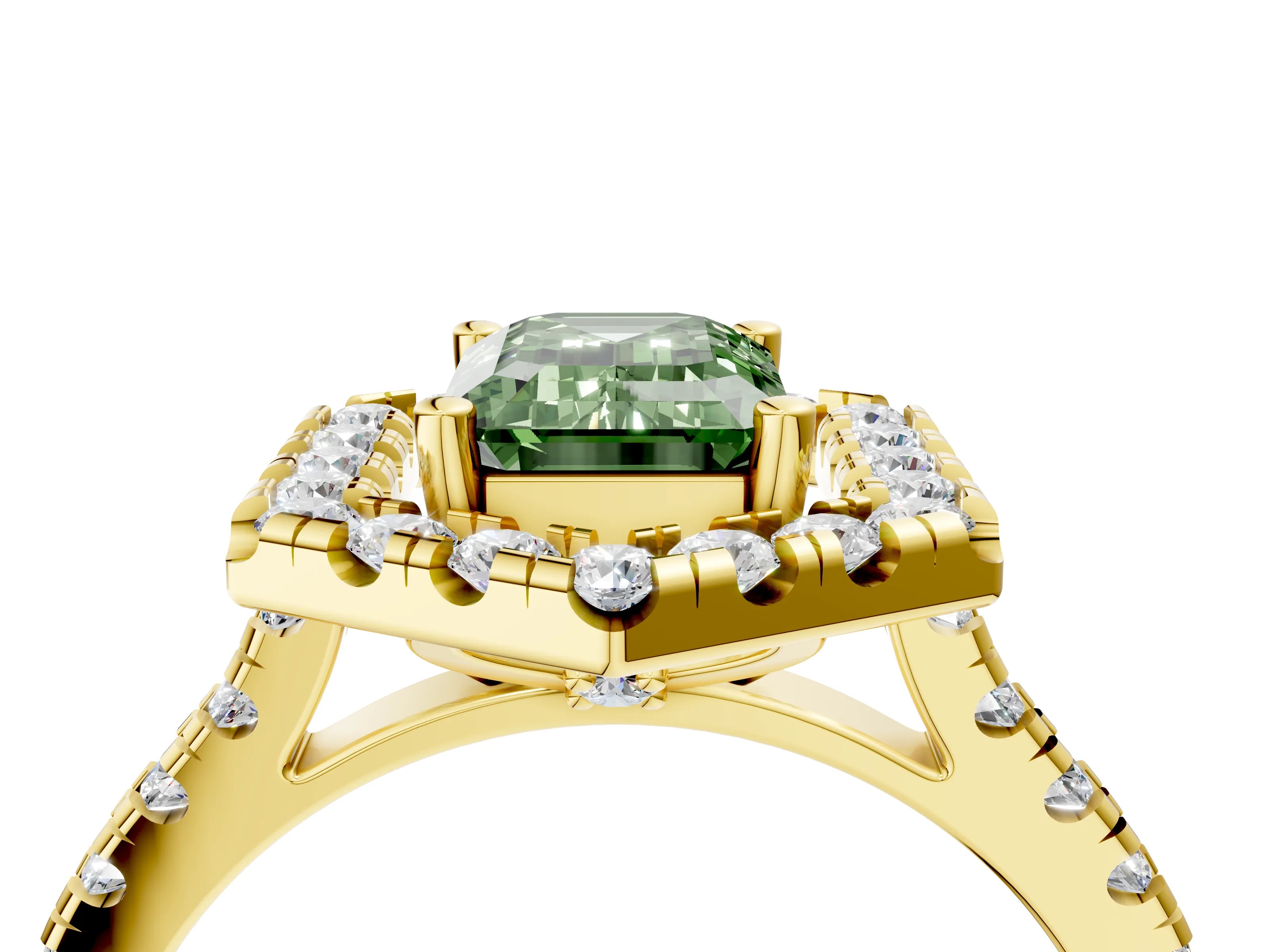 Yellow gold Hexagonal Halo Fancy Green Emerald Cut Diamond Pavé Band with Four-Prong Setting_4