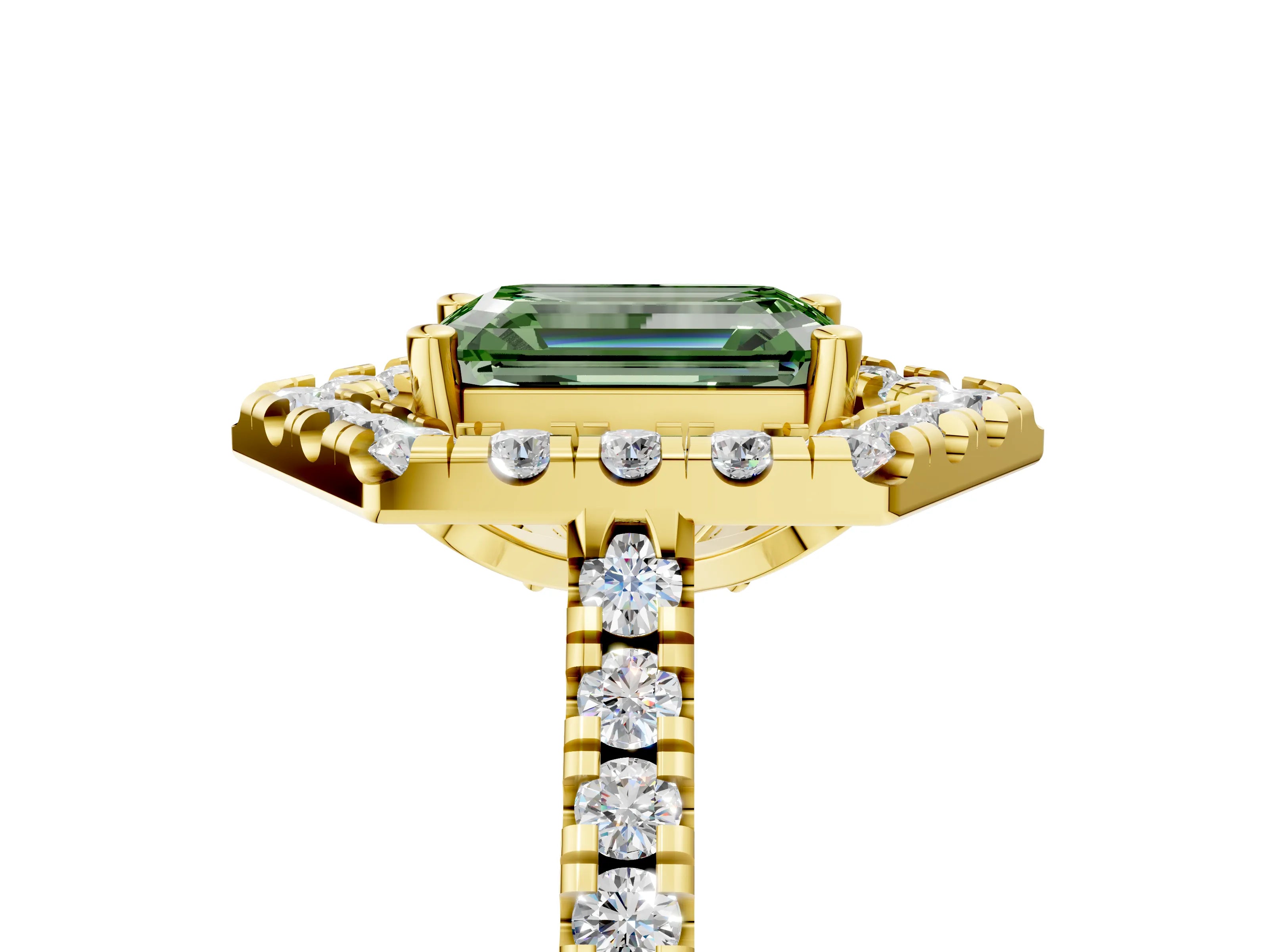 Yellow gold Hexagonal Halo Fancy Green Emerald Cut Diamond Pavé Band with Four-Prong Setting_5