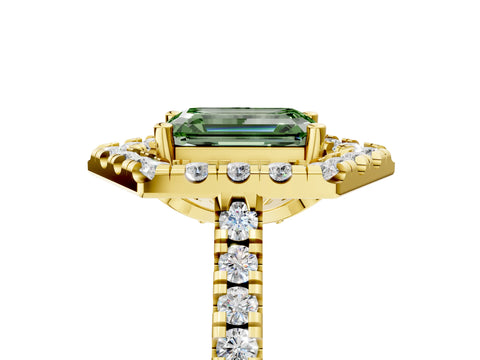 Yellow gold Hexagonal Halo Fancy Green Emerald Cut Diamond Pavé Band with Four-Prong Setting_5