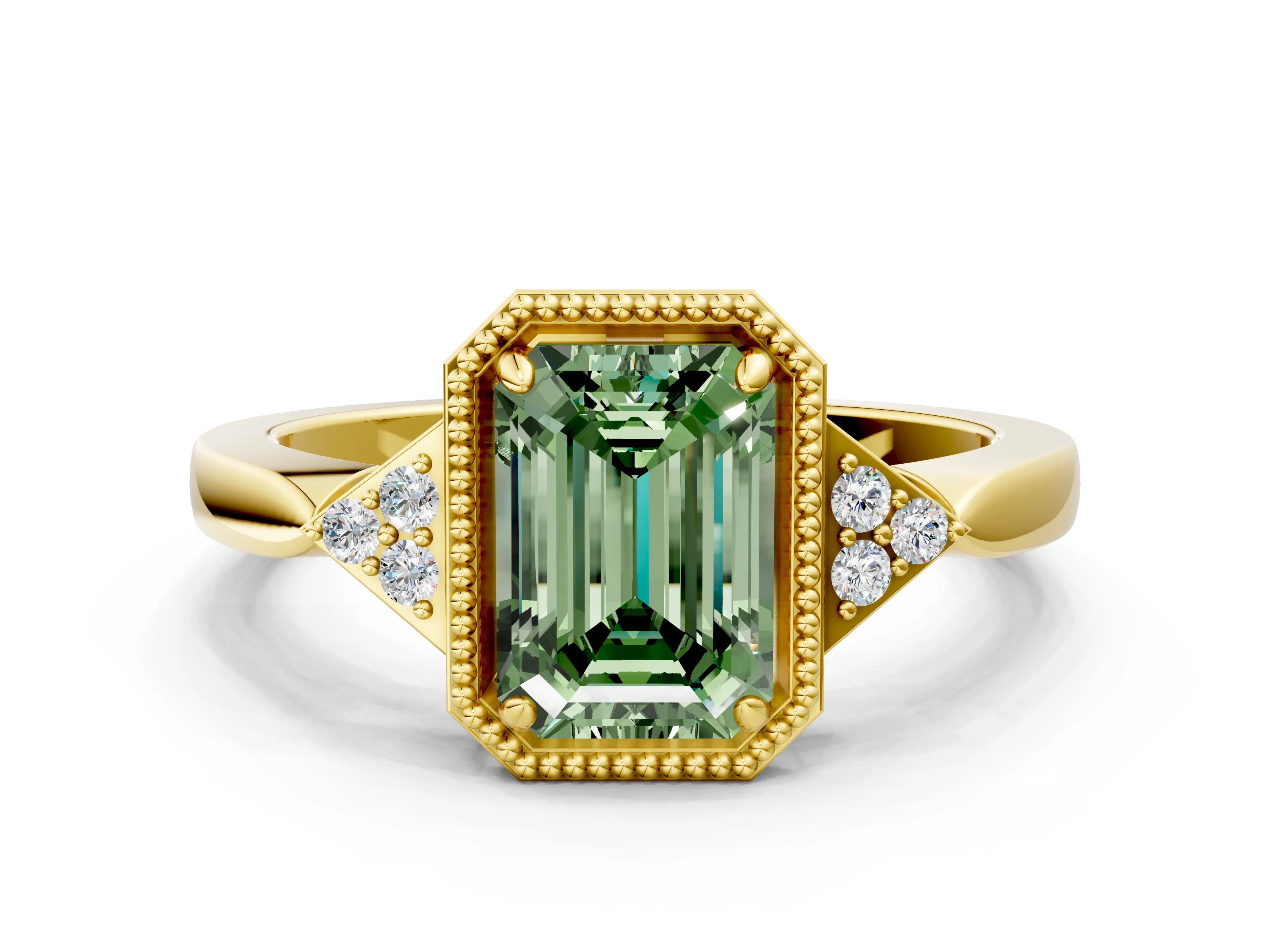 Yellow gold Hexagonal Halo Fancy Green Emerald Cut Diamond Solitaire with Pavé Band and Four-Prong Setting_3