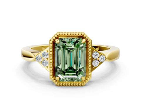 Yellow gold Hexagonal Halo Fancy Green Emerald Cut Diamond Solitaire with Pavé Band and Four-Prong Setting_3