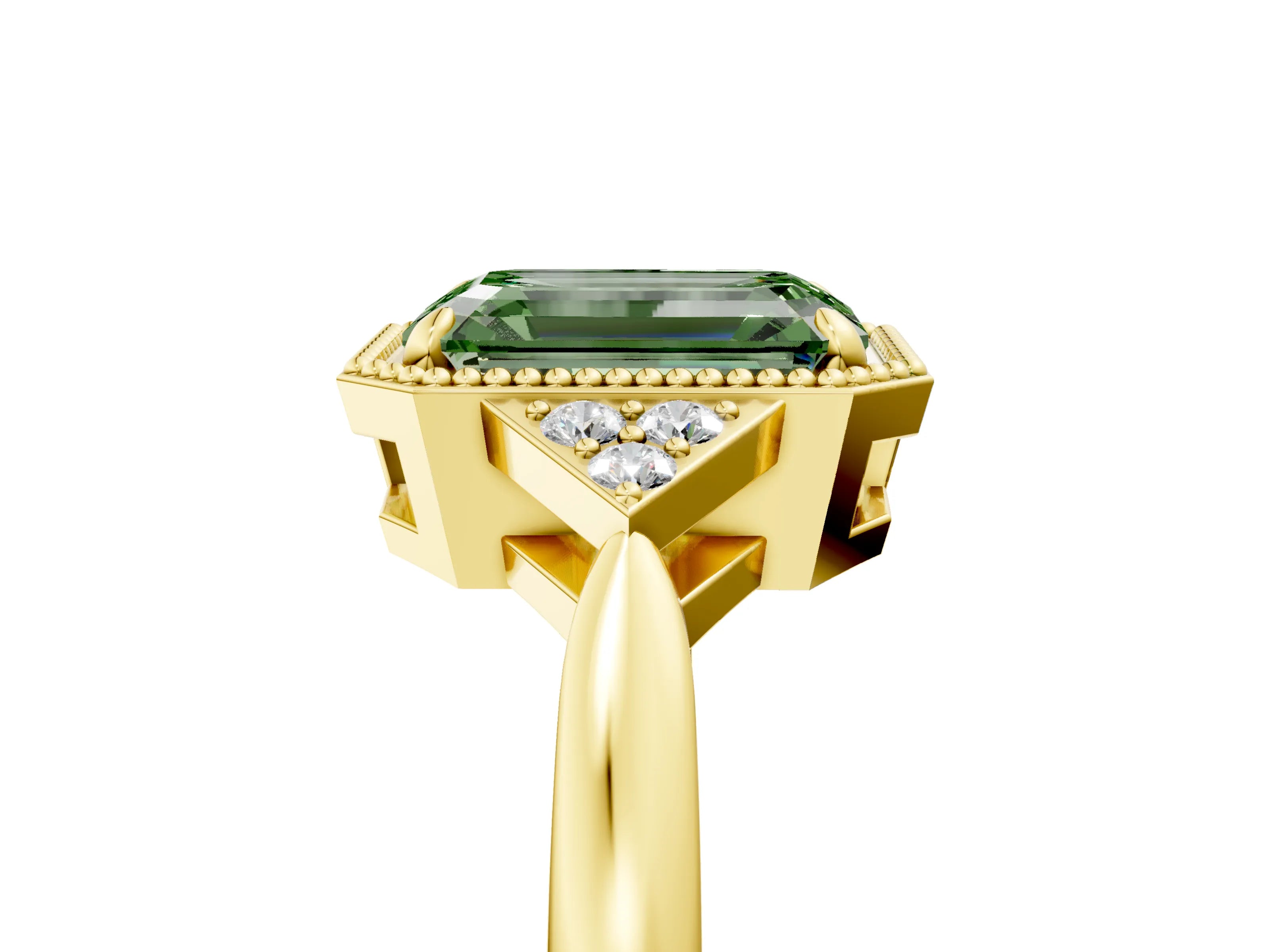 Yellow gold Hexagonal Halo Fancy Green Emerald Cut Diamond Solitaire with Pavé Band and Four-Prong Setting_8