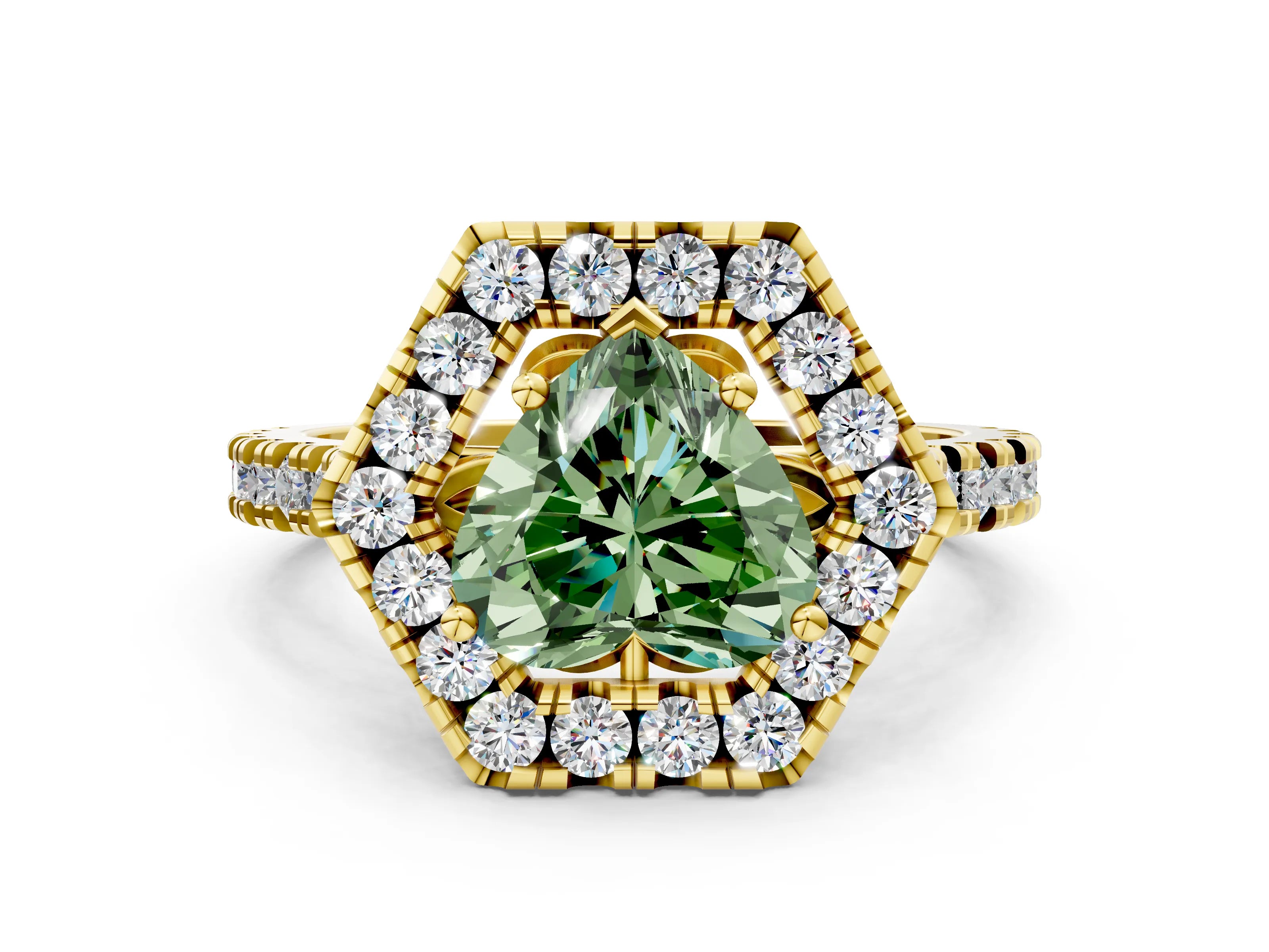 Yellow gold Hexagonal Halo Fancy Green Heart Cut Diamond Pavé Band with Four-Prong Setting
