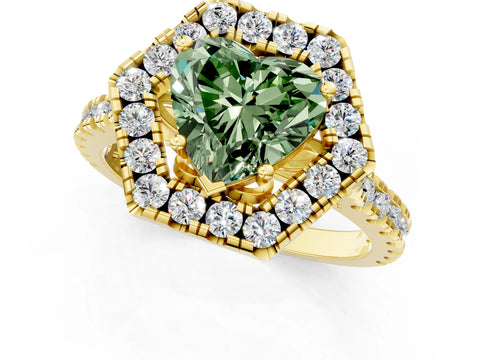 Yellow gold Hexagonal Halo Fancy Green Heart Cut Diamond Pavé Band with Four-Prong Setting_1