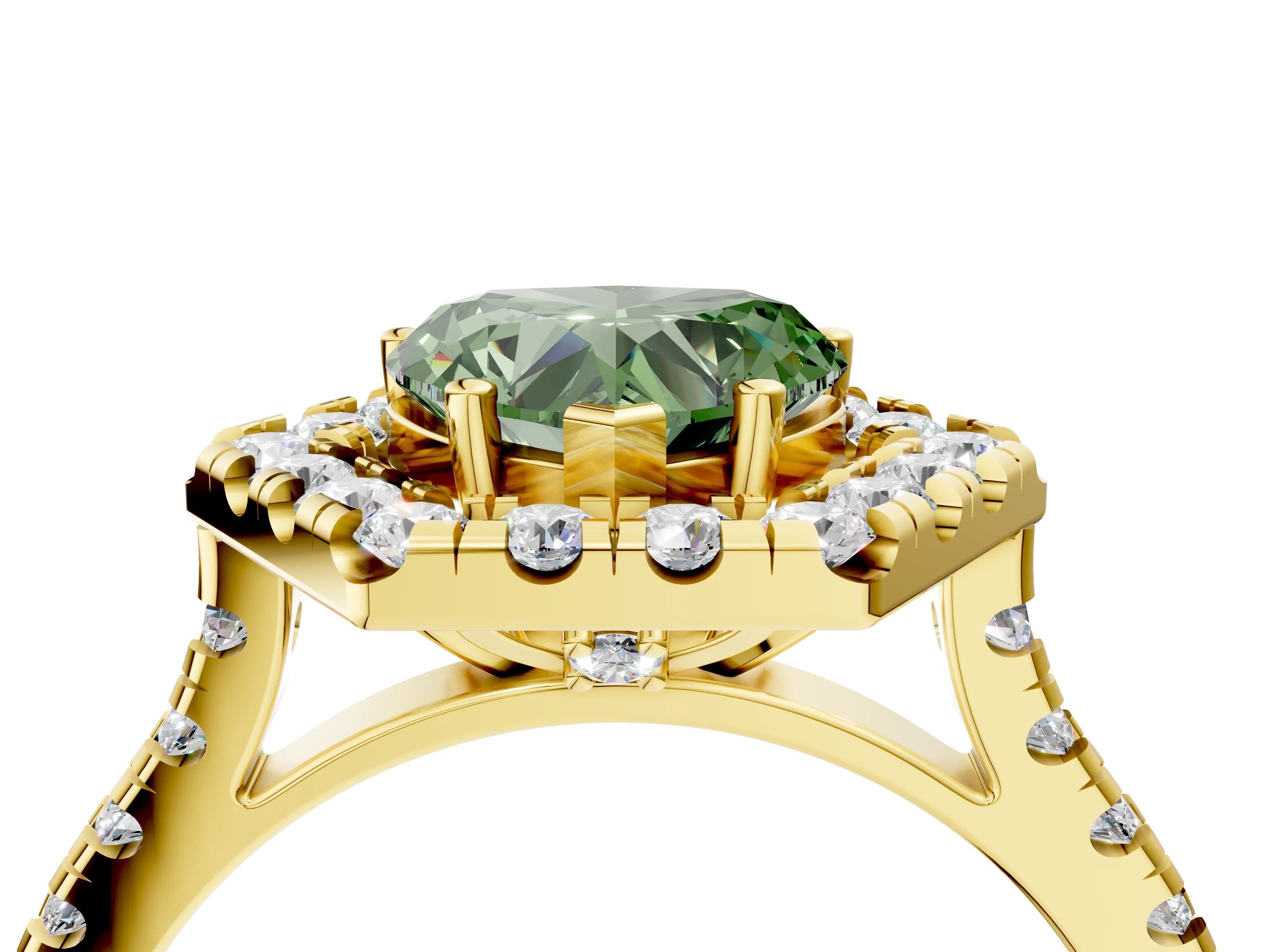 Yellow gold Hexagonal Halo Fancy Green Heart Cut Diamond Pavé Band with Four-Prong Setting_4