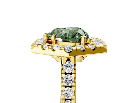 Yellow gold Hexagonal Halo Fancy Green Heart Cut Diamond Pavé Band with Four-Prong Setting_5