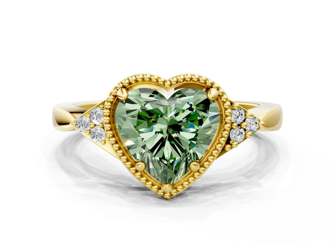 Yellow gold Hexagonal Halo Fancy Green Heart Cut Diamond Solitaire with Pavé Band and Four-Prong Setting_3