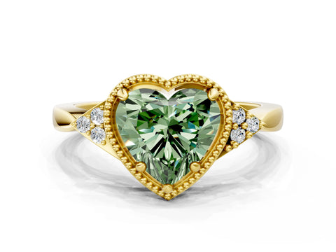 Yellow gold Hexagonal Halo Fancy Green Heart Cut Diamond Solitaire with Pavé Band and Four-Prong Setting_3