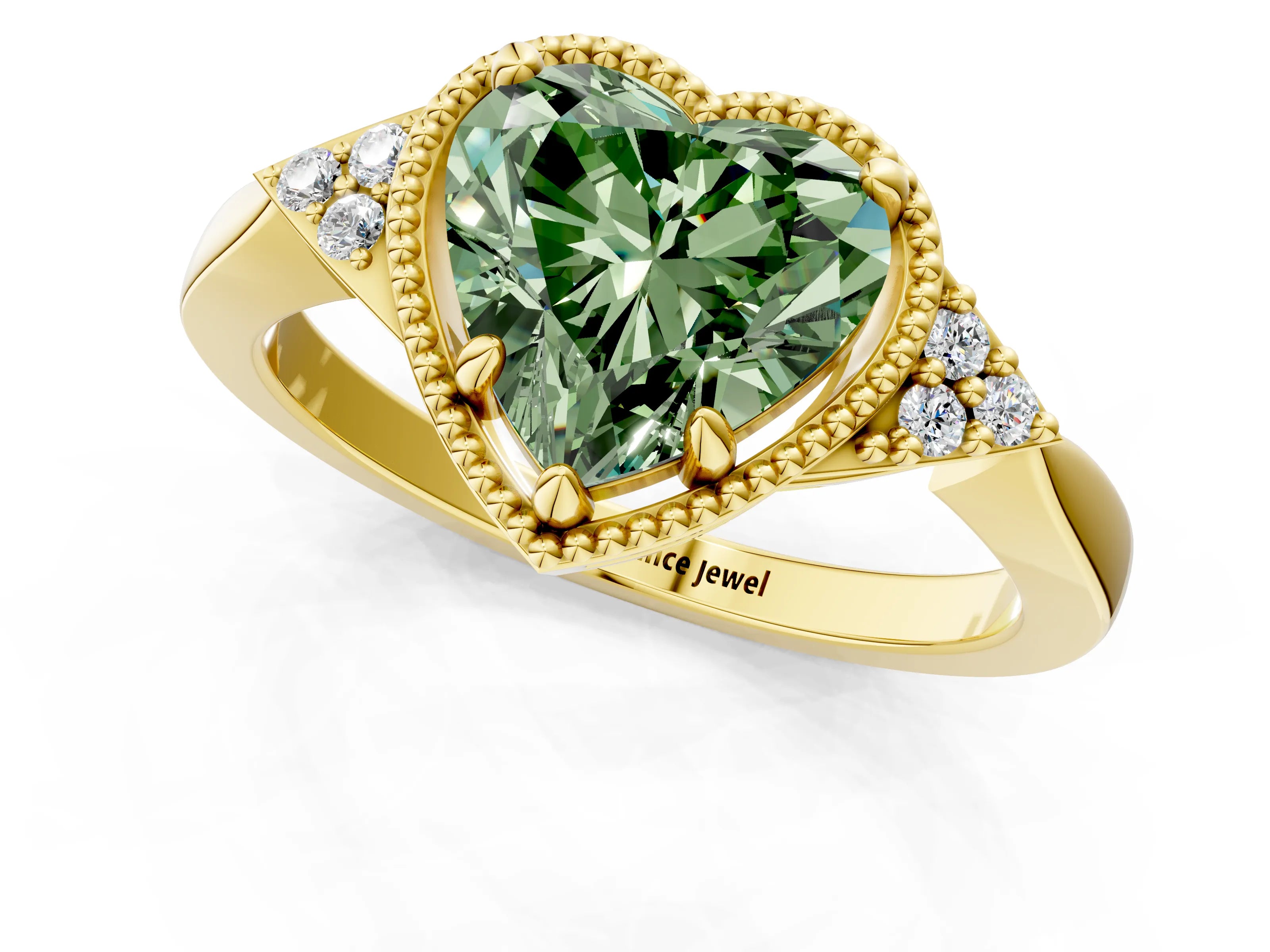 Yellow gold Hexagonal Halo Fancy Green Heart Cut Diamond Solitaire with Pavé Band and Four-Prong Setting_4