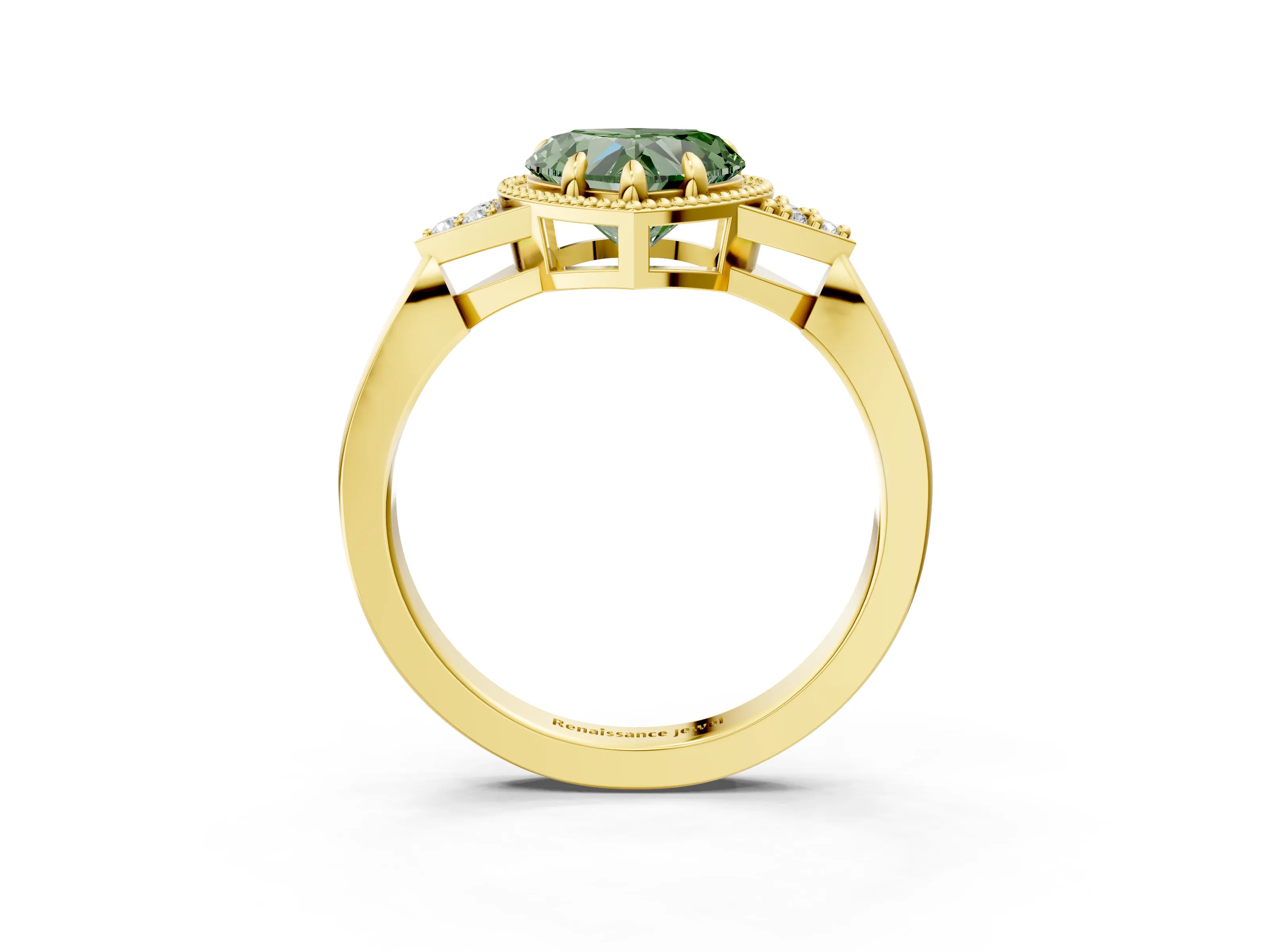 Yellow gold Hexagonal Halo Fancy Green Heart Cut Diamond Solitaire with Pavé Band and Four-Prong Setting_6