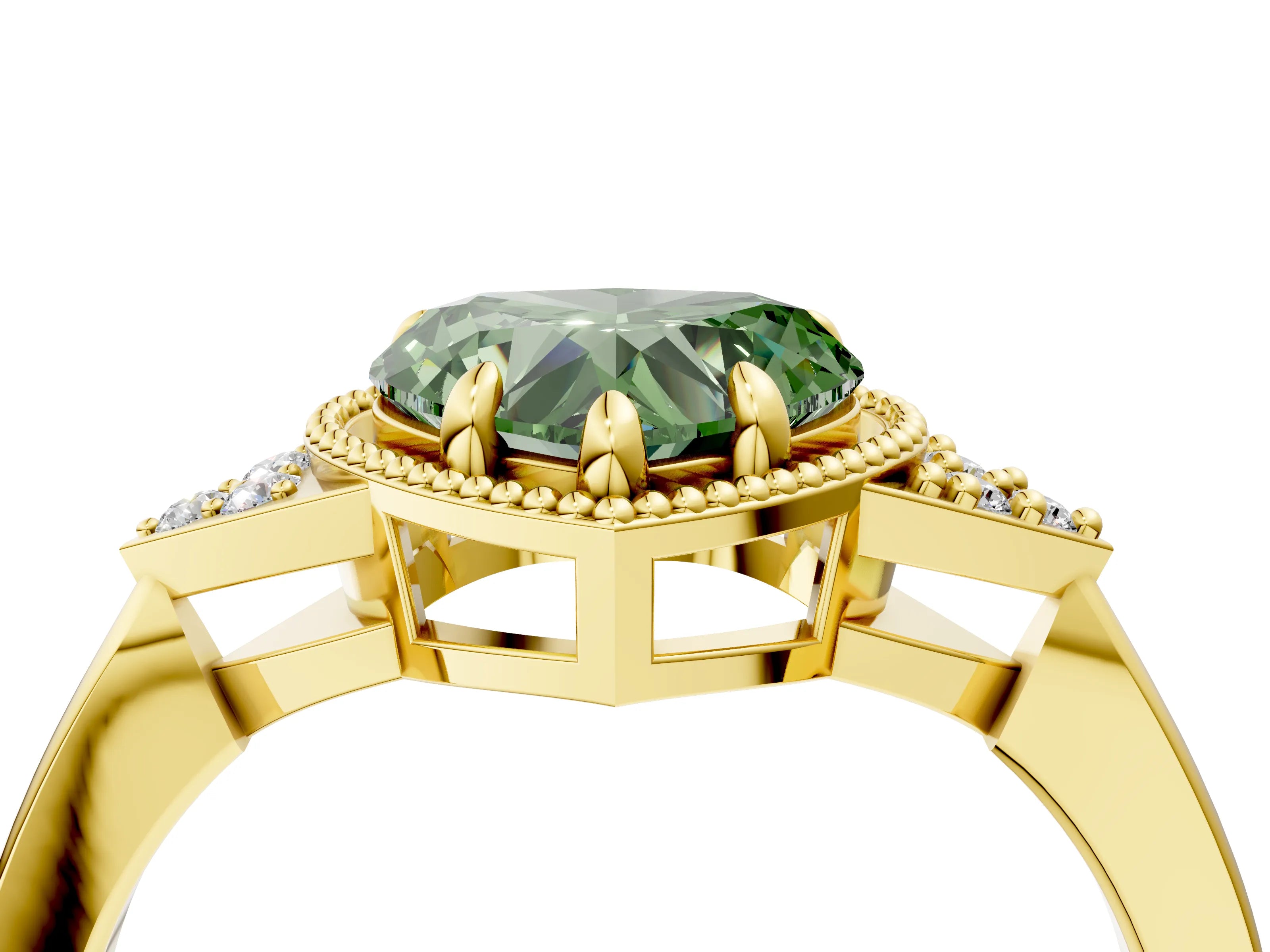 Yellow gold Hexagonal Halo Fancy Green Heart Cut Diamond Solitaire with Pavé Band and Four-Prong Setting_7