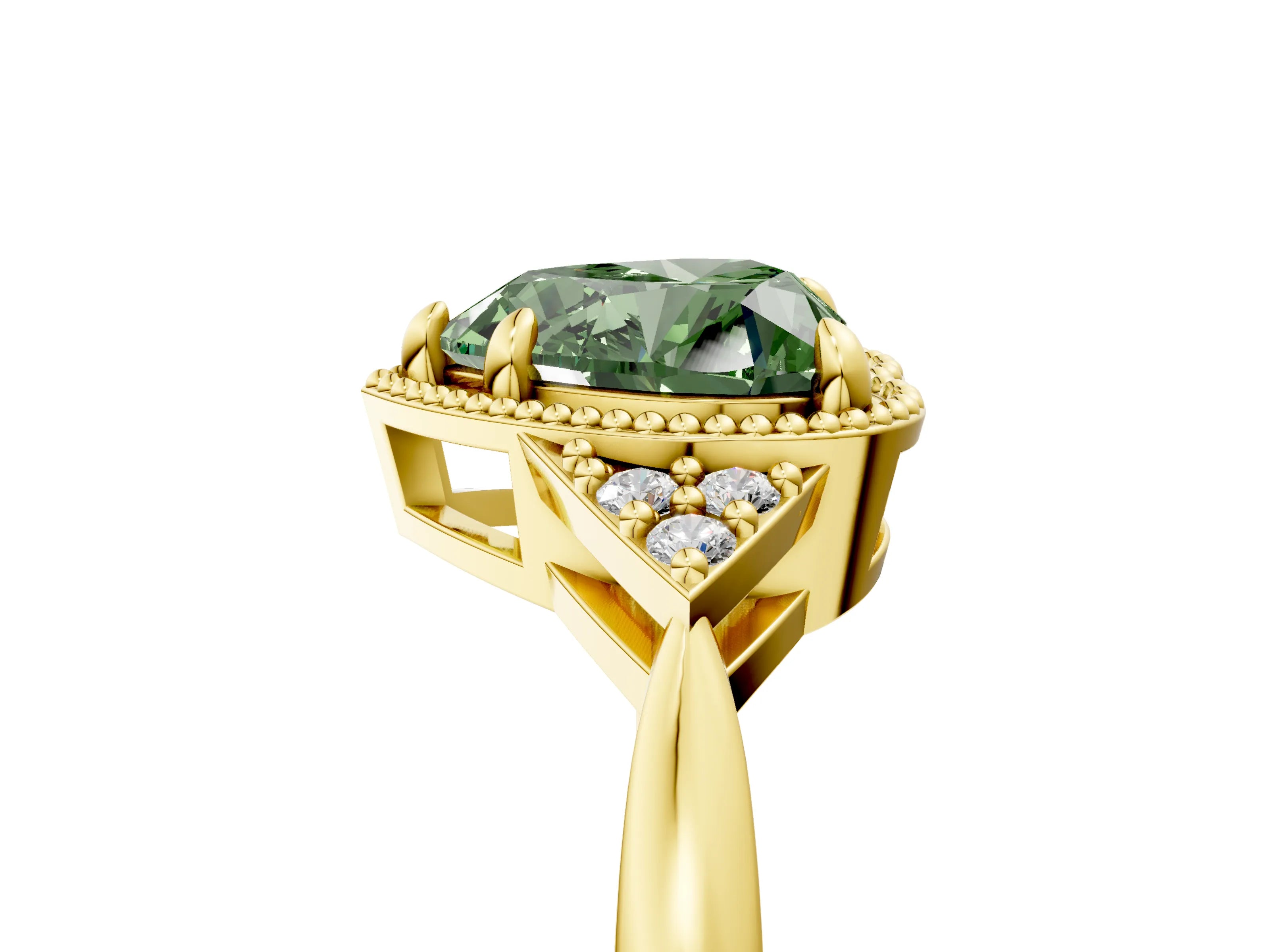 Yellow gold Hexagonal Halo Fancy Green Heart Cut Diamond Solitaire with Pavé Band and Four-Prong Setting_8
