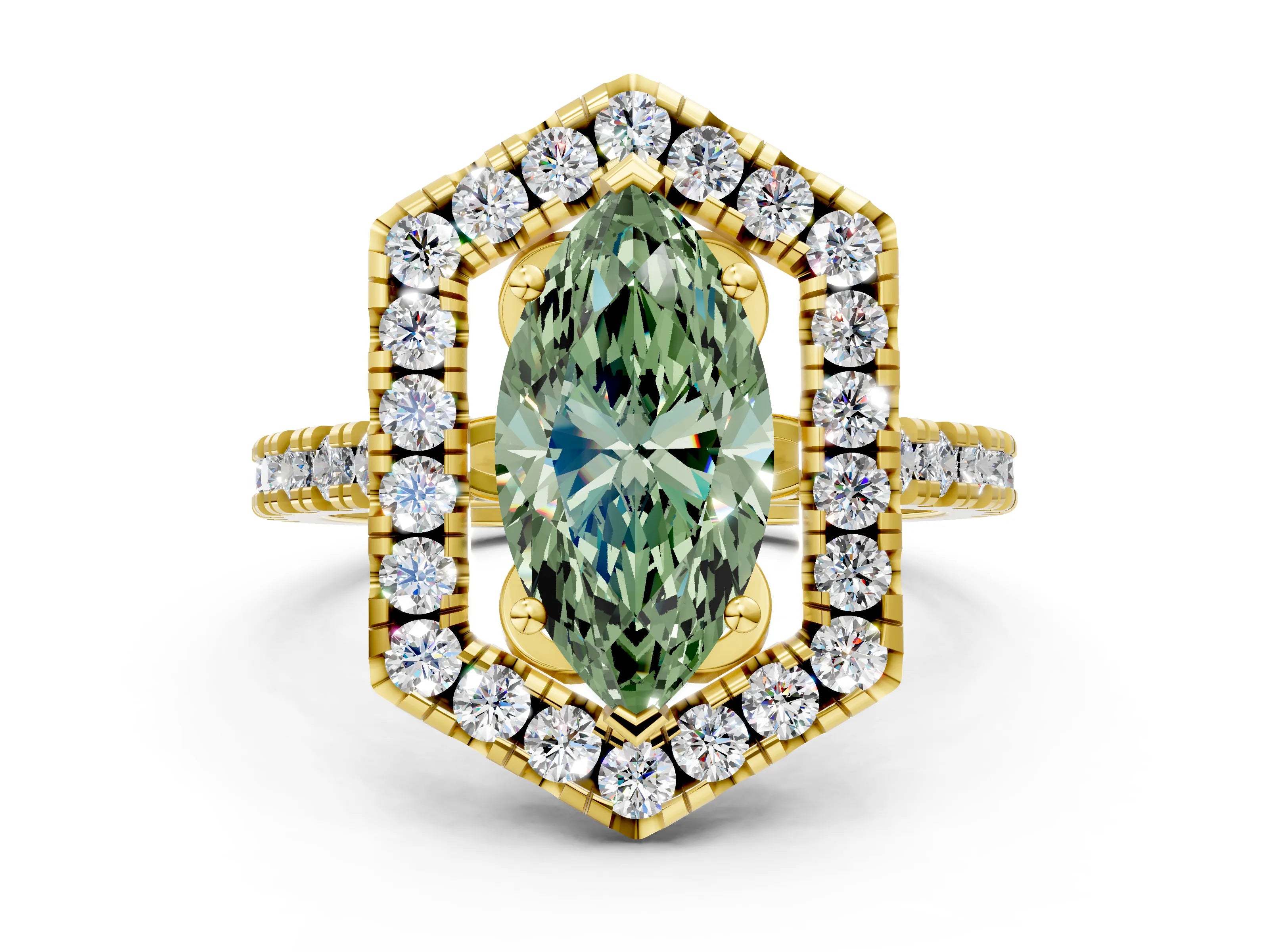 Yellow gold Hexagonal Halo Fancy Green Marquise Cut Diamond Pavé Band with Four-Prong Setting