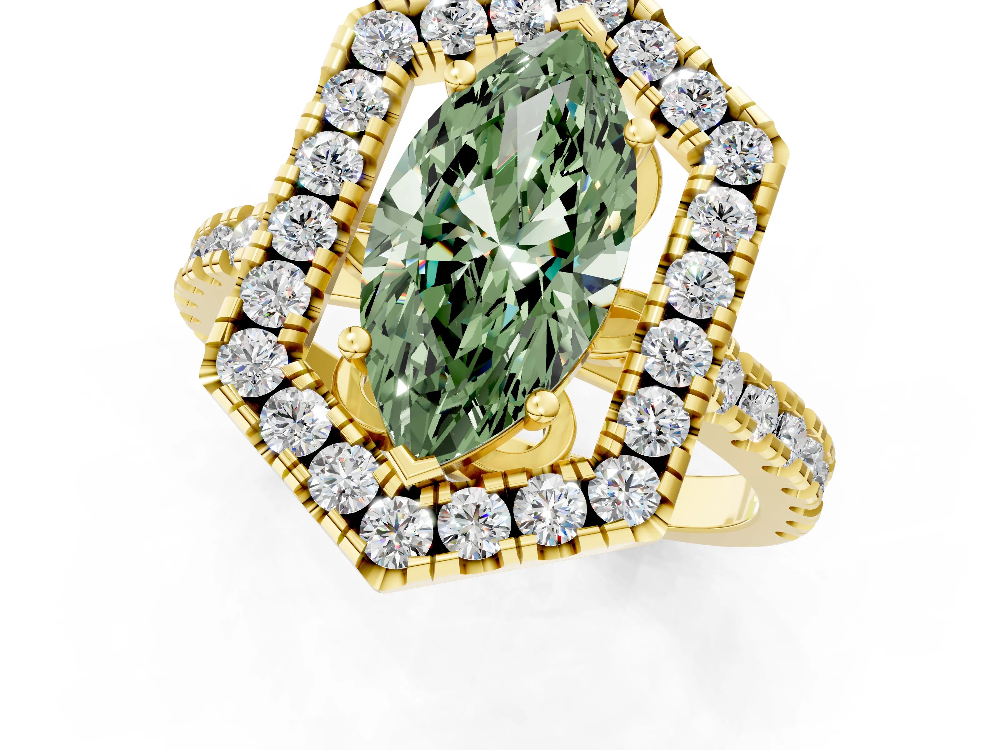 Yellow gold Hexagonal Halo Fancy Green Marquise Cut Diamond Pavé Band with Four-Prong Setting_1